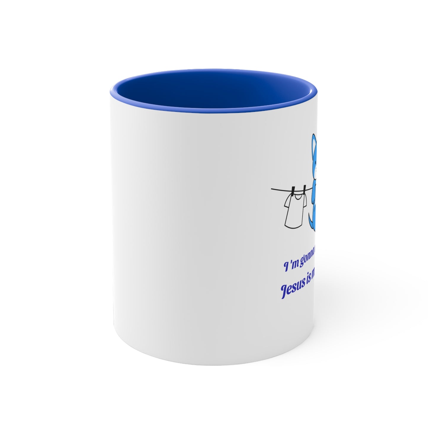 Christian Laundry Ribbon Mug — "I'm Covered by Jesus" Accent Coffee Cup