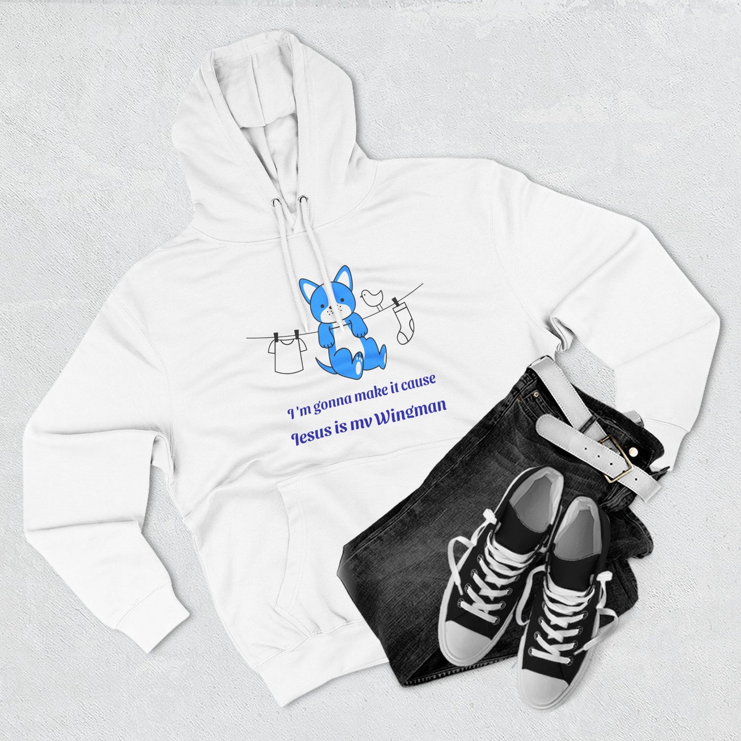 Christian Blue Fox Hoodie — "Jesus is my Wingman" Cute Faith Graphic Hoodie