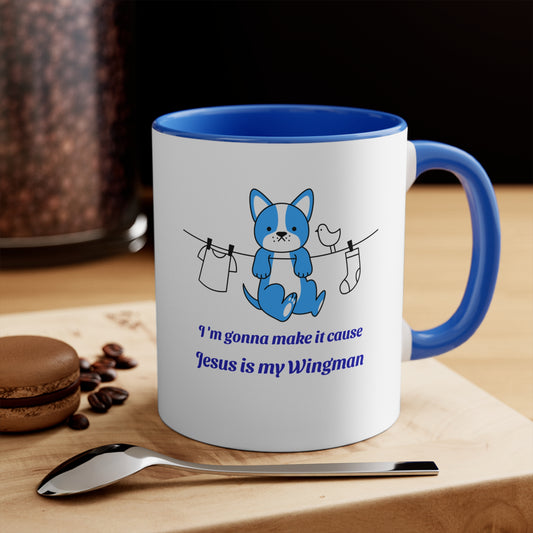 Christian Laundry Ribbon Mug — "I'm Covered by Jesus" Accent Coffee Cup